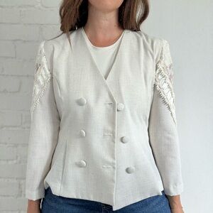 Women’s Vintage Lace & Linen Cream Blazer Jacket Size M/L